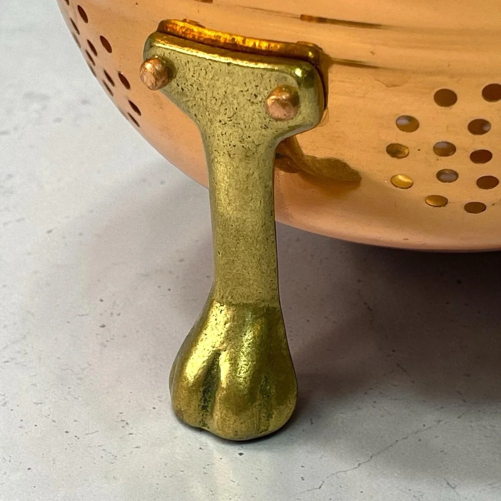 Vintage Cottage Copper And Brass Claw Footed Colander Strainer Handles 3.5